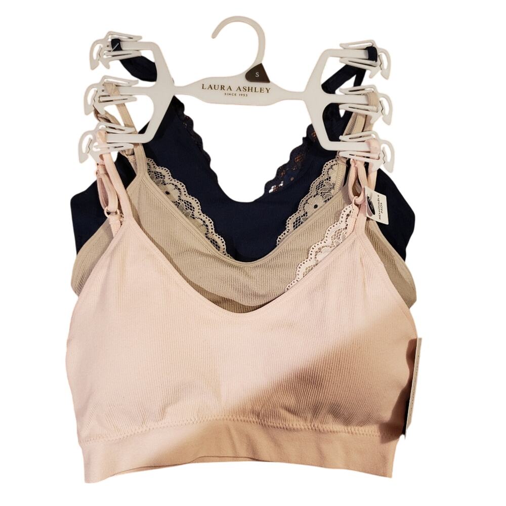 Laura Ashley 3 Pack Seamless Ribbed Lace Bralettes Navy Tan‎ Peach Small 8320-28